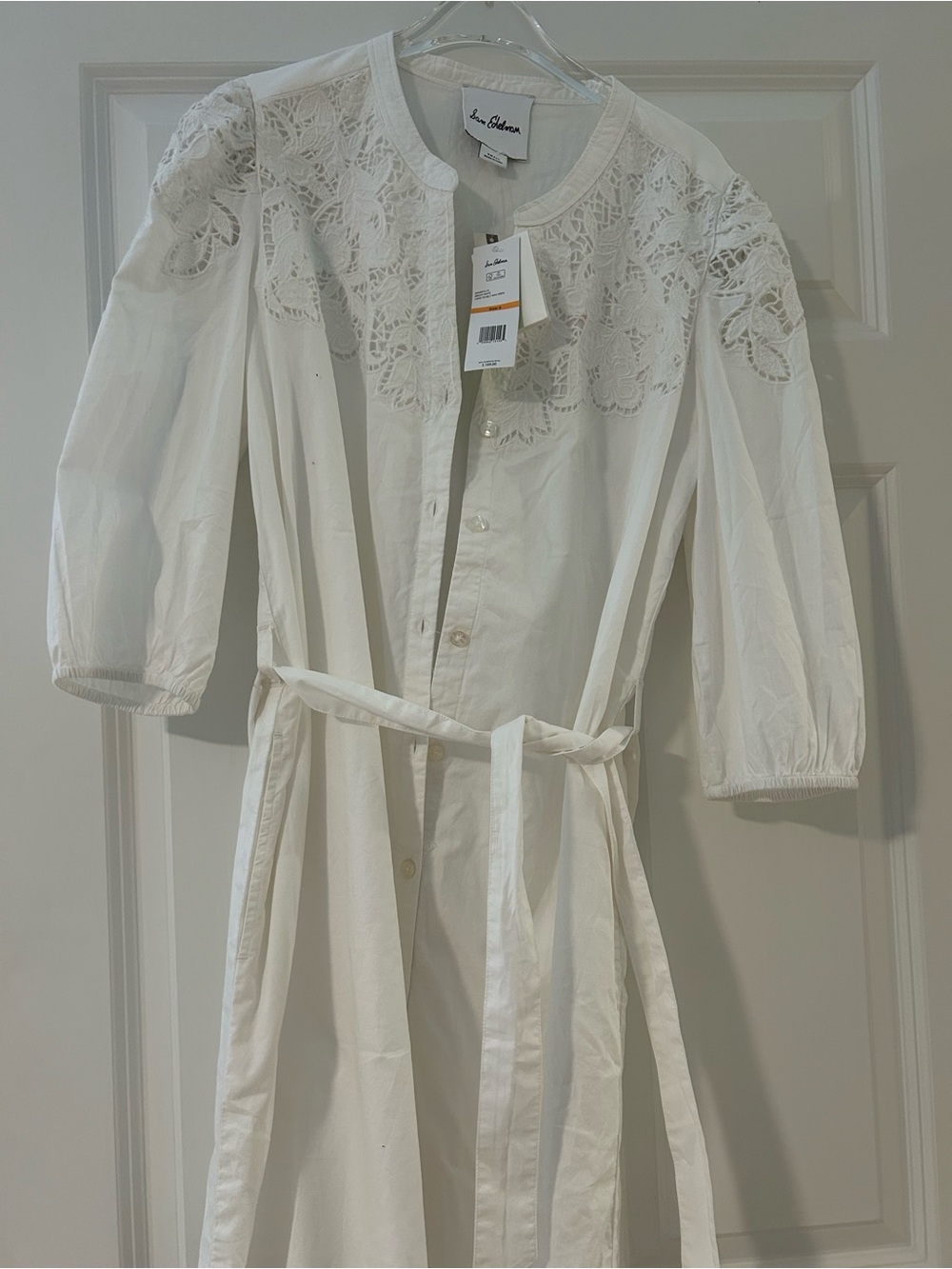 Sam Edelman White Lace Yoke Button-Front Dress with Tie Belt